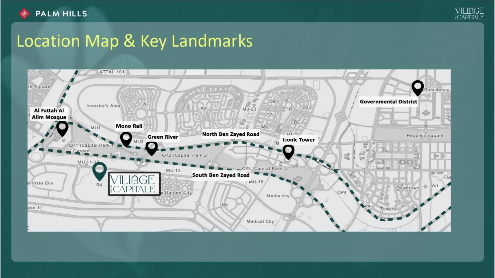 Village de la Capitale location map on Mohammed Bin Zayed South Axis in R4 district New Administrative Capital