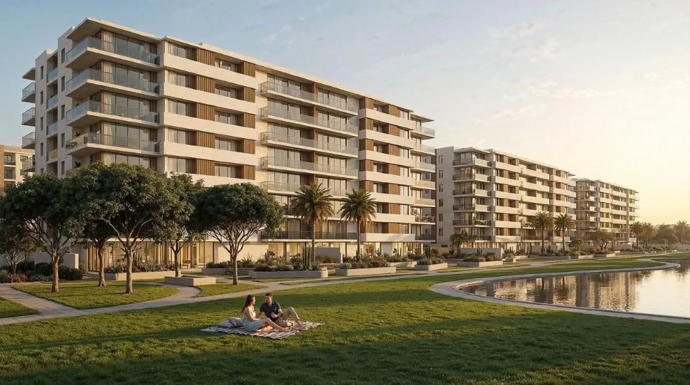 Swimmable artificial lagoon at Village de la Capitale by Palm Hills in the New Administrative Capital R4 district